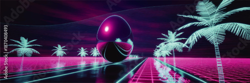 Futuristic neon synthwave landscape with glowing palm trees and reflective chrome egg on cyber grid road, vaporwave background