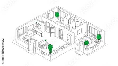 High-Quality Black Continuous Line Art of Exploded Isometric Apartment Unit Showing Rooms, Doors, Windows and Greenery
