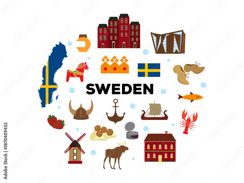 Naklejka premium Swedish culture landmarks colorful stylized illustration buildings viking ships