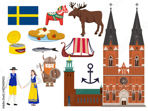 Swedish culture landmarks colorful stylized illustration buildings viking ships
