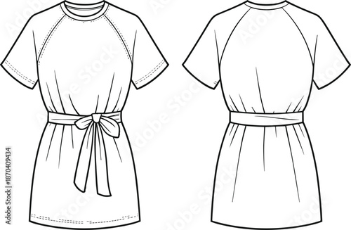 Fashion technical sketch of a long sleeve midi dress featuring a pussy bow neckline, buttoned bodice, and flared a-line skirt.