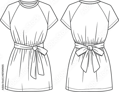 Fashion technical sketch of a long sleeve midi dress featuring a pussy bow neckline, buttoned bodice, and flared a-line skirt.