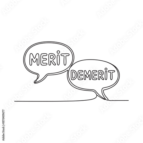 Merit and demerit speech bubbles line drawing conceptual illustration