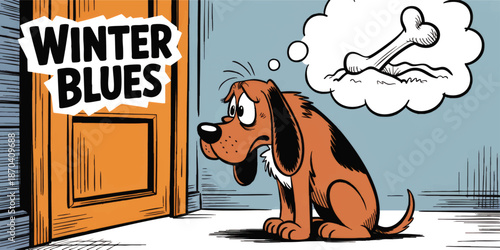 Sad cartoon dog with winter blues sitting by closed door, dreaming of a bone, humorous seasonal pet depression illustration