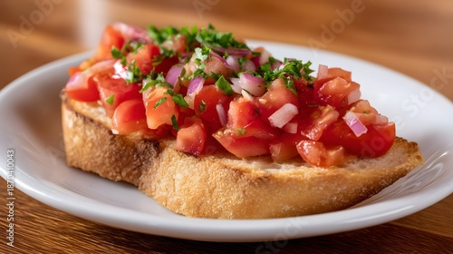 A classic Italian bruschetta tomato and onion on toasted bread