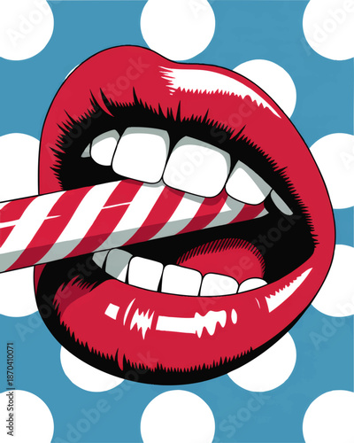 Pop art red lips biting candy cane, retro comic style illustration on blue polka dot background, bold modern wall art design