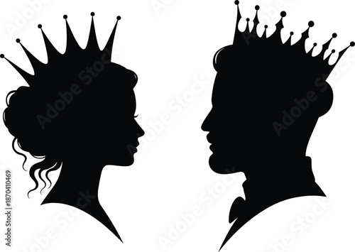 Art & Black and white royal silhouette illustration, king and queen profiles with crowns, elegant monarchy couple concept, luxury leadership symbol art