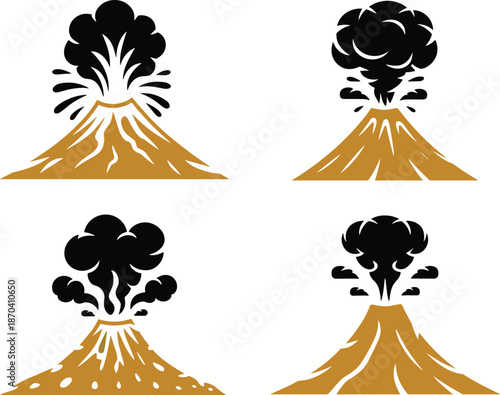 Black and white volcano eruption icons set, lava explosion smoke clouds, natural disaster symbols, minimalist geology illustration collection design