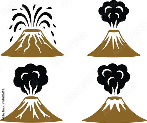 Black and white volcano eruption icons set, lava explosion smoke clouds, natural disaster symbols, minimalist geology illustration collection design
