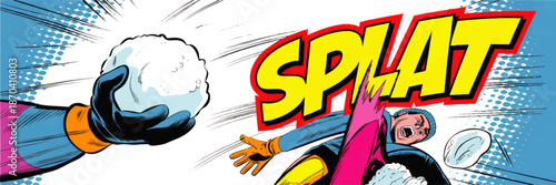 Retro comic book snowball fight illustration with SPLAT text, pop art winter action scene, colorful playful holiday background