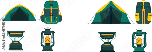 Camping equipment flat design illustration set featuring tent, backpack, gas stove, lantern, outdoor travel gear icons collection