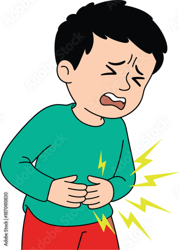Cartoon boy with stomach pain illustration, abdominal ache symptom concept, child health problem, digestive discomfort medical vector design