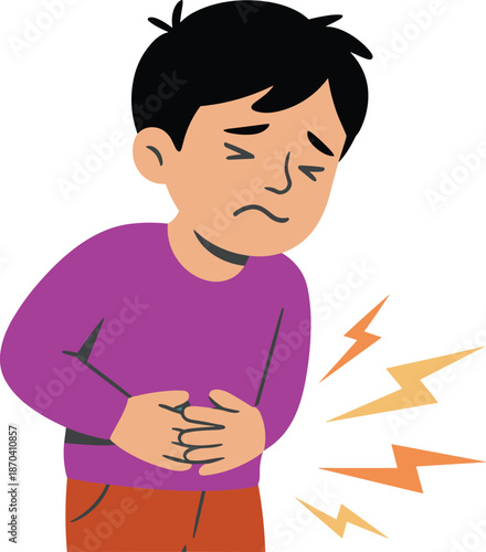 Cartoon boy with stomach pain illustration, abdominal ache symptom concept, child health problem, digestive discomfort medical vector design
