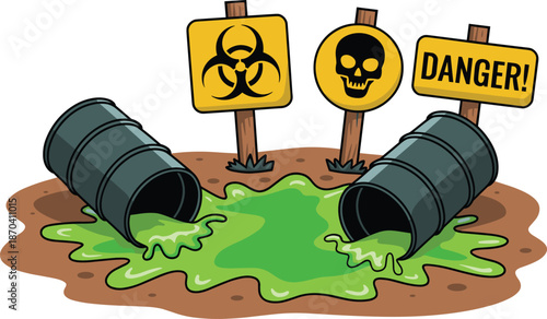 Cartoon illustration of hazardous toxic waste spill with warning signs, biohazard barrels leaking green liquid, environmental pollution danger concept