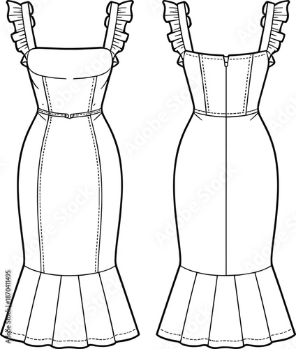 Fashion technical sketch of a sleeveless midi dress with ruffled straps, princess seams, fitted waistline, and pleated mermaid flounce hem.