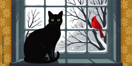 Black cat watching red cardinal at winter window, cozy home interior with snow, vintage floral wallpaper, peaceful seasonal illustration