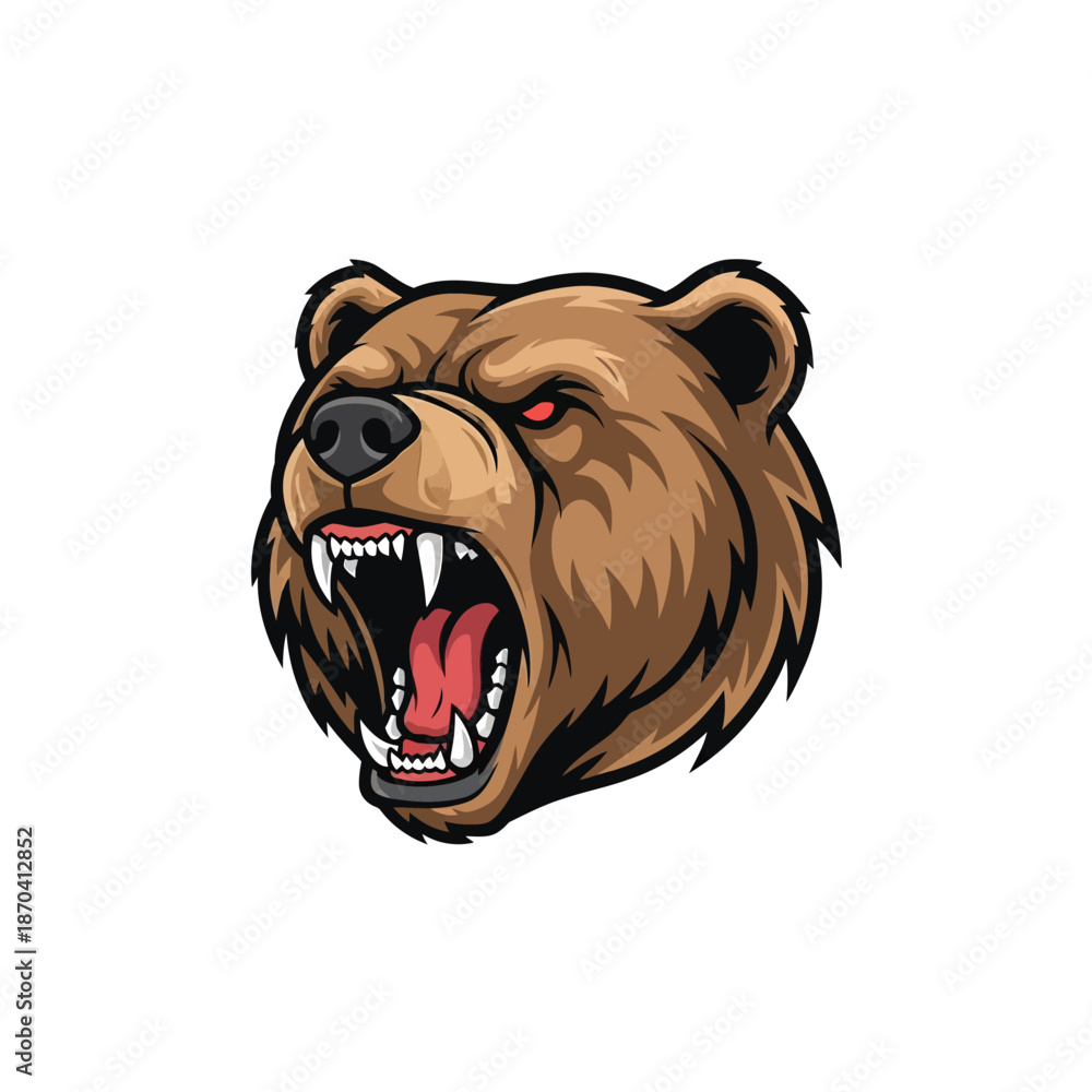 Fototapeta premium Wild Bear's Roar: A fearsome, illustrated depiction of a brown bear's head, showcasing its aggressive and powerful nature with an open mouth displaying sharp teeth and an intense gaze.