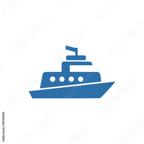A minimalist blue icon of a cruise ship with windows and a smokestack, representing travel and leisure