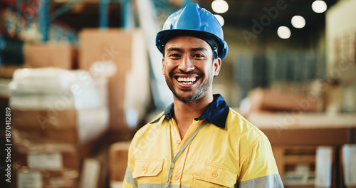 Canvastavla Happy man, portrait and contractor with helmet in warehouse for shipping, logistics or storage