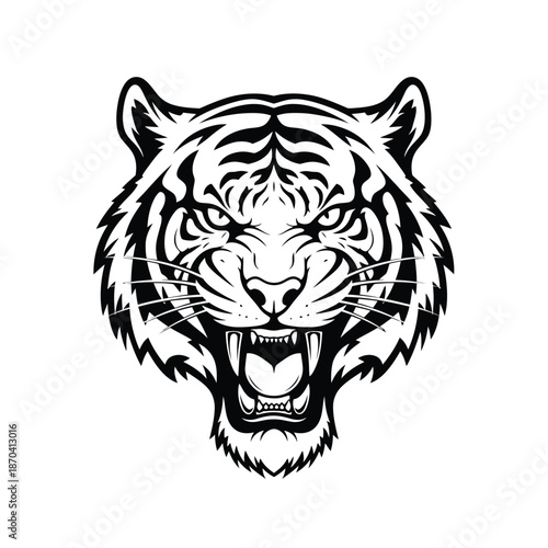 Roaring Tiger: The majestic head of a tiger, its eyes blazing with intensity, its fangs bared in a fierce roar. A striking black and white portrait.