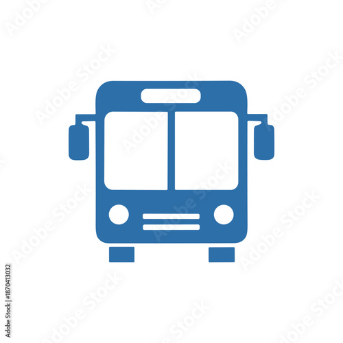 Front view of a blue bus icon, symbolizing public transportation, travel, and commuting services for passengers