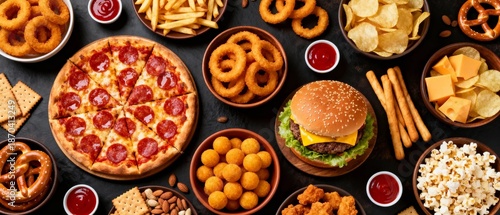 Assorted Fast Food Snacks with Pizza, Burger, and Fries on Dark Background