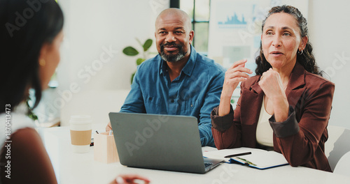Photos Job interview, HR and talking to applicant, office and notes for recruitment process and evaluation