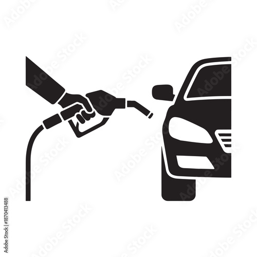 Black silhouette of a gas pump fueling a vehicle simple icon style