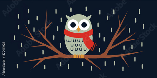 Cute winter owl illustration on tree branch with red scarf, night rain background, cozy seasonal kids cartoon art