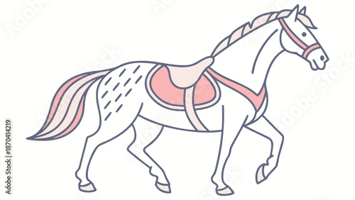 Elegant horse with pink saddle and bridle walking