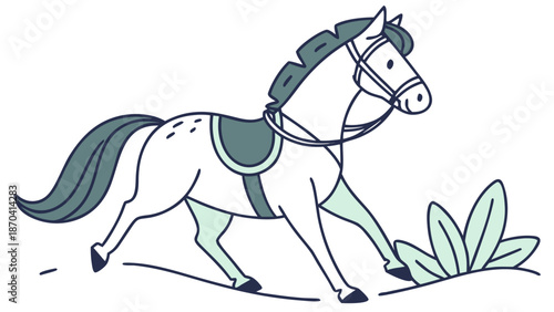 Elegant white horse with green saddle and bridle in motion