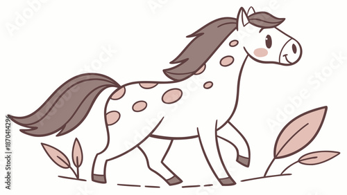 Cute cartoon horse with brown spots walking in nature