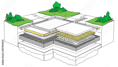 High-Quality Black Continuous Line Art of Exploded Isometric Building Diagram Showing Foundation Layers and Floor Slab with Greenery