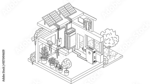 High-Quality Black Continuous Line Art of Exploded Isometric Eco-Home Showing Solar Panels, Battery Storage, and Inverter Systems