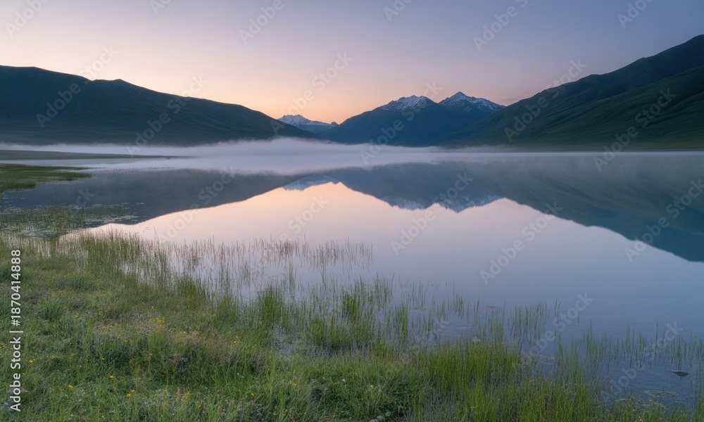 Obraz premium Calm lake at dawn reflects mountains under a soft, pastel sky; gentle mist