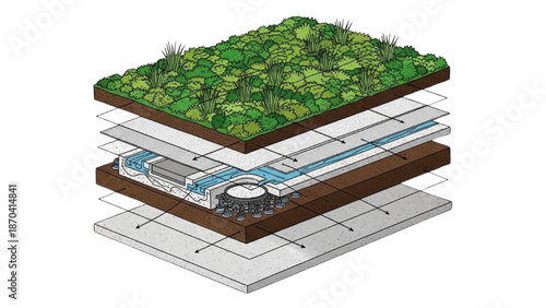 High-Quality Black Continuous Line Art of Exploded Isometric Green Roof Showing Soil, Drainage, and Waterproof Layers with Greenery