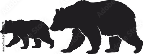 Adult bear and cub silhouettes walking together, wildlife family shadow, black forest animal illustration, isolated on white background design