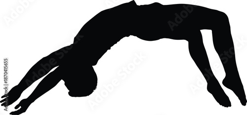 Gymnast silhouette performing backbend bridge pose, flexibility strength fitness shadow, black athletic illustration, isolated on white background design