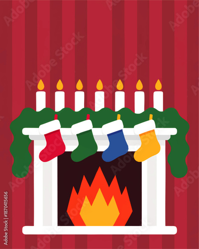 Cozy Christmas fireplace with burning fire, colorful stockings, candles and garland, flat festive winter holiday illustration