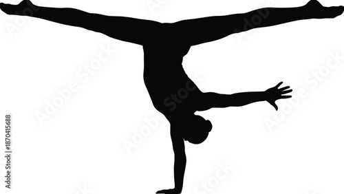 Gymnast silhouette performing one arm handstand, acrobatic strength balance pose shadow, black fitness illustration, isolated on white background
