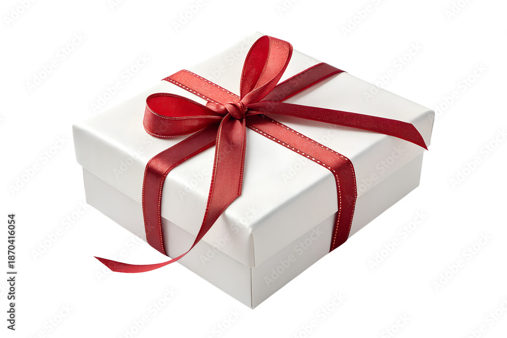 Fototapeta premium White Gift Box with Elegant Red Ribbon Bow Isolated on White Background