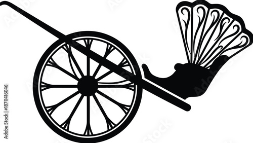 Vintage peacock chair rickshaw silhouette with large wheel, classic street transport shadow, black decorative illustration, isolated on white background