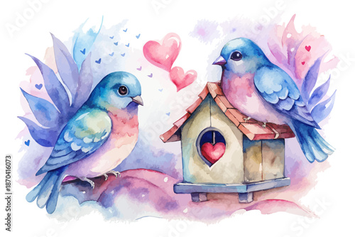 Cute Watercolor Love Bird House, Wedding & Valentine Romantic Element Illustration Isolated on White
