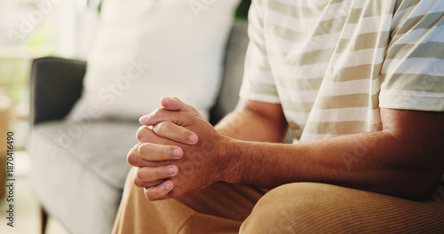 Fotografie Hands, trauma and man on sofa in home with stress, phobia or stimming for panic attack with mental health