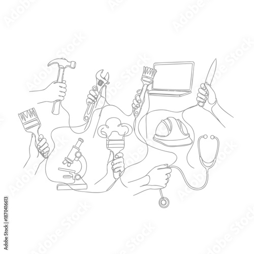 Smooth line drawing of multiple hands holding various professional tools, symbolizing diverse career paths and the interconnectedness of human work