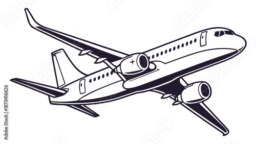 Commercial Airplane Line Art Illustration Isolated on White Background