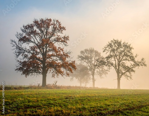 Misty Morning Trees - A Serene Landscape in Autumn.