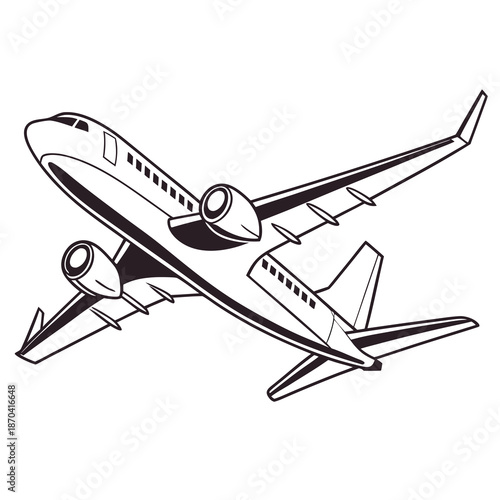 Commercial Airplane Line Art Illustration Isolated on White Background