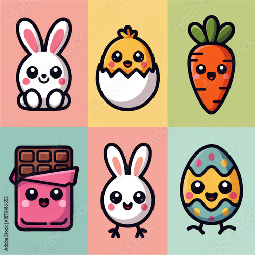 Cute pastel Easter kawaii icons set with bunny, chick, carrot, chocolate bar and decorated egg characters for spring holiday design