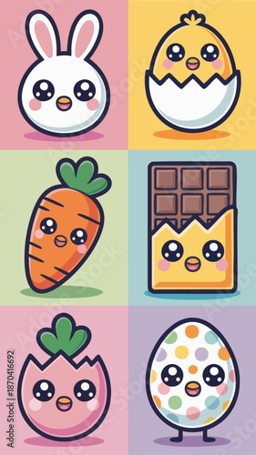 Cute kawaii Easter bunny chick egg carrot chocolate and candy characters set on colorful pastel background